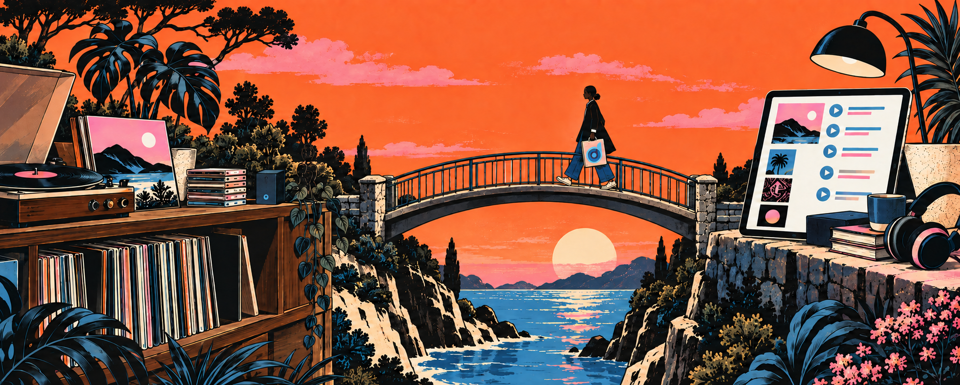 A person carrying a decembien bag crosses a bridge from a streaming playlist toward a collection of records, CDs, and local music.