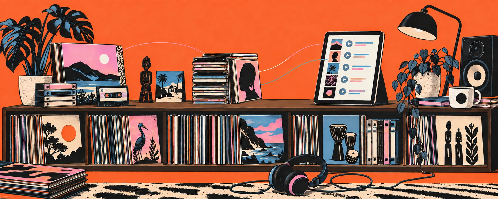 Illustrated shelves of records and tapes beside a digital playlist; music from both sides flows into the decembien logo.